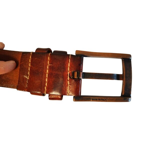 Made in Italy Brown Leather Belt, Thick Metal Buckle Unisex, 39"-42" - Picture 2 of 6
